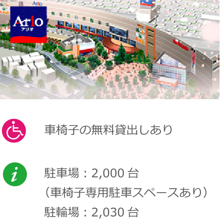 車椅子の無料貸出しあり 駐車場：2,000台（車椅子専用駐車スペースあり）駐輪場：2,030台